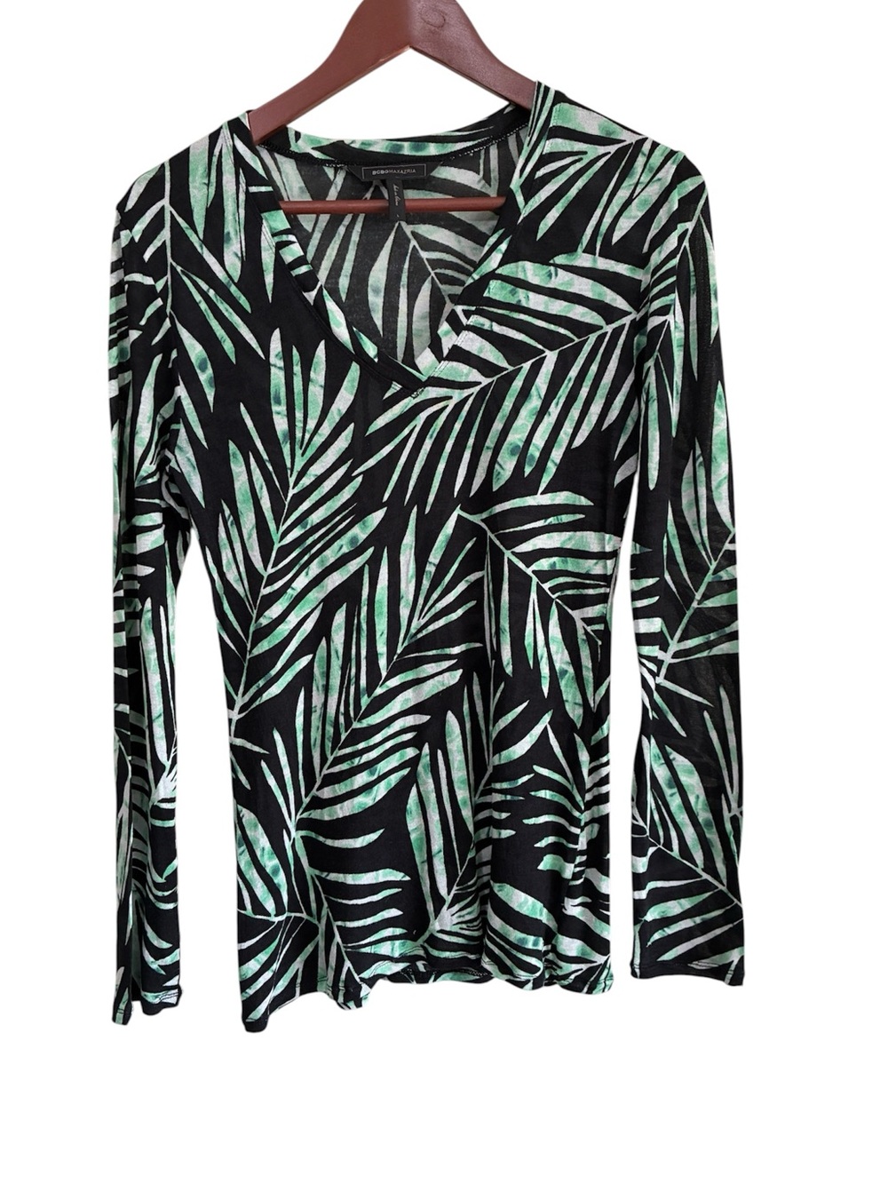 BCBGMAXAZRIA Women’s Jan Palm Leaf Printed Long Sleeve Top Size Large